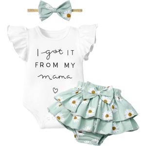 Baby Girl Clothes, Girl Summer Outfit Romper Sets Ruffle Short Sleeve Top+ Shorts+ Bow Hairband 3Pcs Set (Newborn, White+ bluish Green)