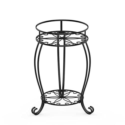 FaithLand Plant Stand, Heavy Duty Metal Planter Holder Indoor Outdoor, 2 Tier Round Potted Supports Rack, Corner Display Shelf Black