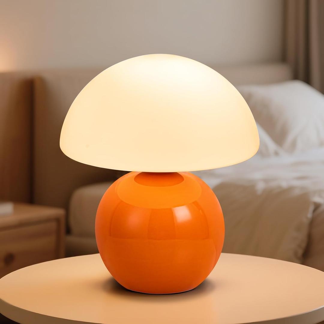 Mushroom Table Lamp, Orange Vintage LED Desk Light for Bedroom, Dimmable Ambient Lighting with Glass Shade for Bedroom, Reading, Home Dcor, Gift for Friends