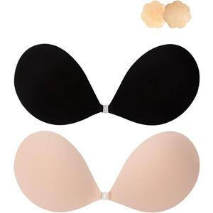 Awant Strapless Sticky Bra Invisible Silicone Adhesive Bra Backless Pushup Lift Beige and Black Cup Band D