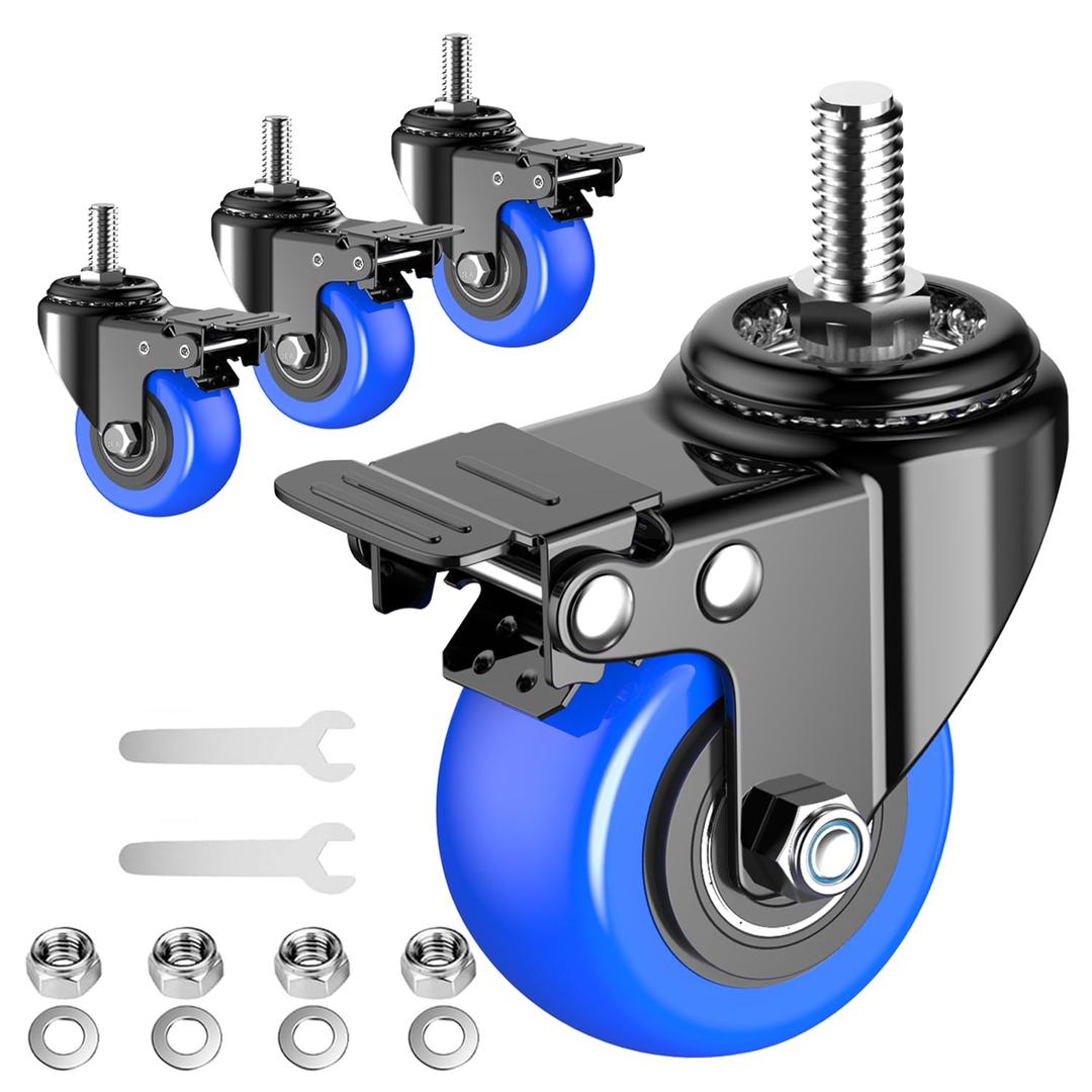 Caster Wheels Heavy Duty 2 Inch Stem Caster 800Lbs, Threaded Stem Casters 3/8"-16 x 1(Stem Diameter 3/8", Stem Length 1"), Safety Locking Caster Set of 4, Industrial Castor Wheels for Cart,Furniture