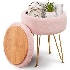 Ottomans Round Faux Fur Ottoman with Storage Footstools Vanity Chair Coffee Table Ottoman for Living Room (Pink)