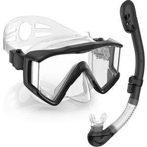 Greatever Snorkel Set Pano 3 Window Snorkel Mask Adult, Panoramic Wide View, Anti-Fog Scuba Diving Mask, Anti-Leak Snorkel Goggles Dry Top Snorkel, Professional Snorkeling Gear for Adults (Black White)