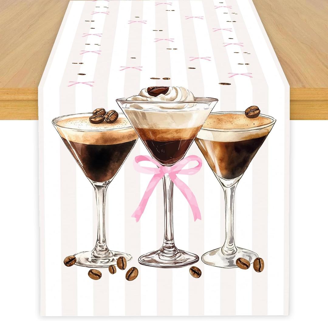 Espresso Martini Theme Table Runner, Martini Lovers Linen Fabric Table Runner for Everyday Use 72 x 13 Inches, Washable Table Cover for Indoor Outdoor Kitchen Dining Table Home Decor (Pink and Brown-martini)