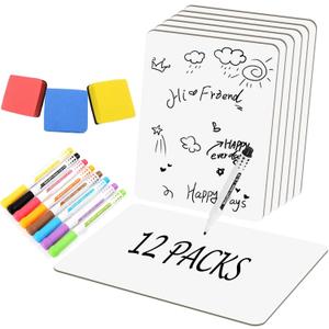 Set of 12 Small White Board Dry Erase Boards Classroom Pack 9" x12 Double Sided Personal Whiteboards for Students Teachers School Supplies Lapboards Mini Whiteboard Erasers Incl and Colors Pens