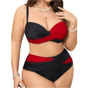 OYOANGLE Women's Plus Size Color Block Bikini Sets High Waisted Swimsuit Two Piece Push Up Bathing Suits (X-Large, Red and Black)