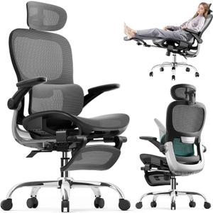 Ergonomic Office Chair, Mesh Seat Cushion with Flip-Up Armrests and 3D Headrest, Adjustable Lumbar Support, SGS Class 4 Gas Clylinder, Light Grey