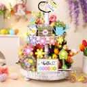 21 Pcs Spring Flower Tiered Tray Decor Set Hello Spring Wooden Table Sign Fresh Flower Gnome Tabletop Block Rustic Farmhouse Decor for Home Party Favor Kitchen Table Shelf