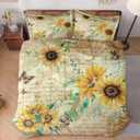 WeCozy Queen Size Comforter Set with 2 Pillowcases, Flower Rustic Thanksgiving Soft 3 Pcs Bedding for Kids and Adults, Sunflower Floral Yellow Comforter Set for Bedroom Bed Decor