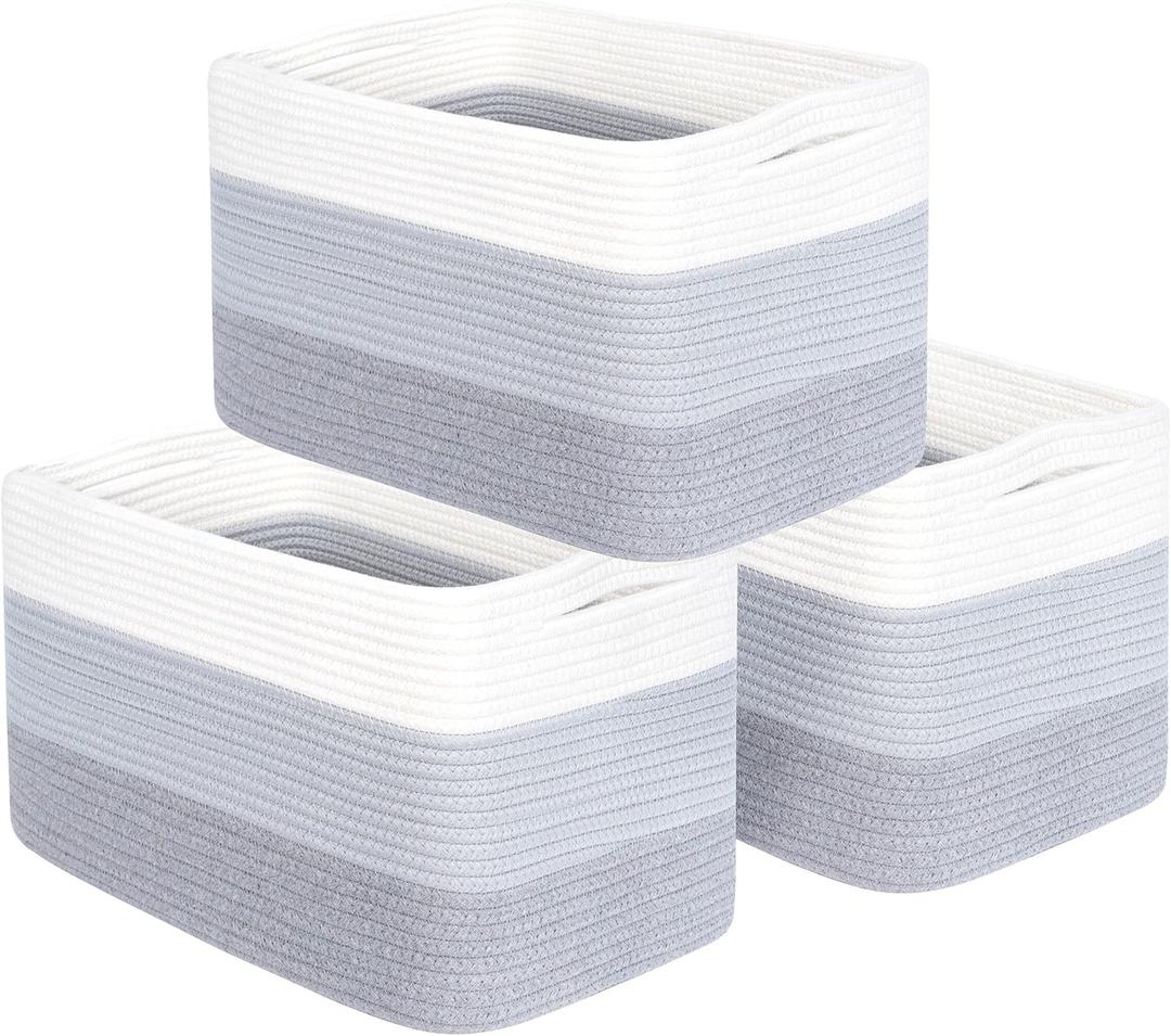 MINTWOOD Design 3-Pack Storage Baskets for Shelves, Playroom and Classroom, Book Basket, Decorative Storage Cube Bins, Woven Closet Organizers, Pantry and Shoe Organizer, 3-Tone Grey