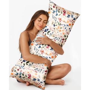 Silk Body Pillow Cover with Zipper - 20x54 Inch Silk Long Pillow Case for Women Ladies Adults Soft Bed Decorative Cute Boho Large Body Pillowcase Sham for Hair and Skin, Watercolor Flower