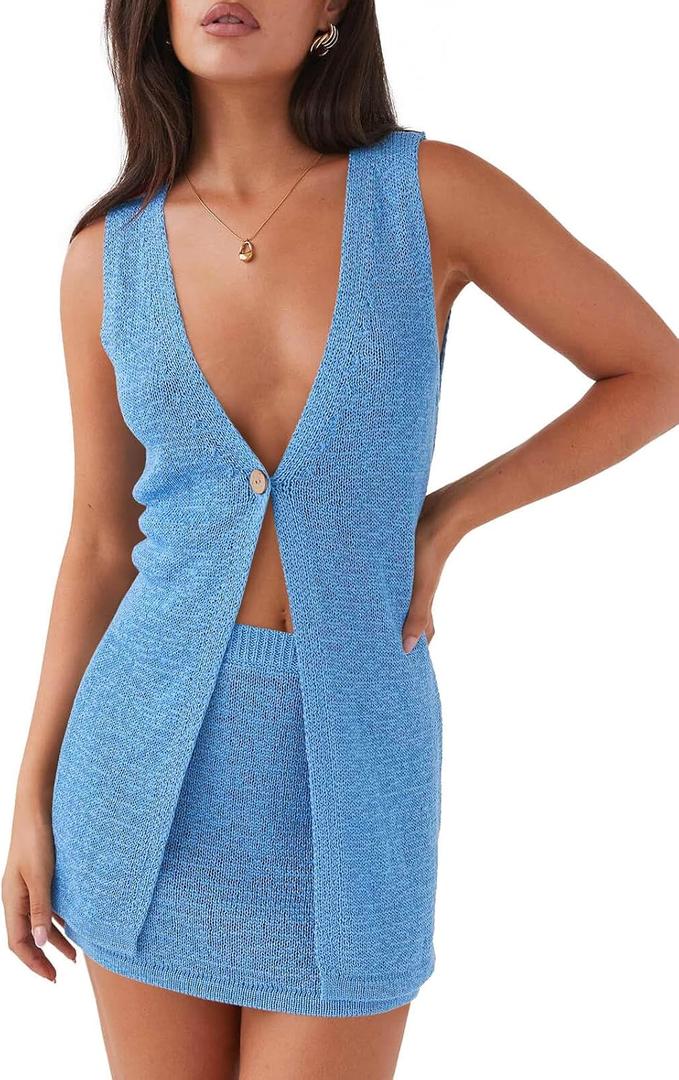 Tankaneo Womens 2 Piece Vacation Sets Sleeveless V Neck Long Vest Knit Top and Mini Skirt Summer Beach Outfits