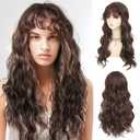 Long Brown Curly Wigs With Bangs for Women Brown Mix White Soft Wig for Women Fluffy Synthetic Natural Wavy Halloween Cosplay Hair Wigs