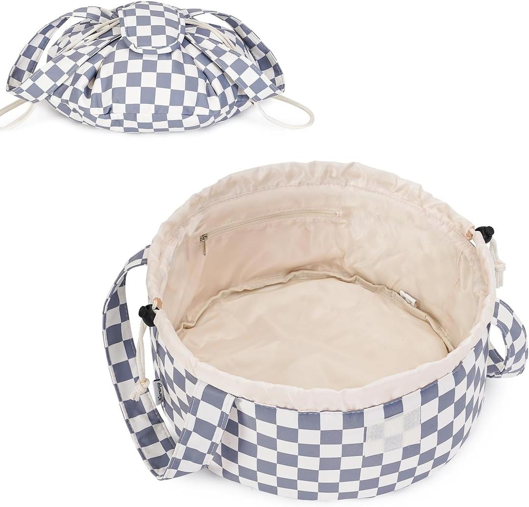 Narwey Barrel Drawstring Checkered Makeup Bag Large Cosmetic Bag Make up Bags Toiletry Bag Travel Bags for Toiletries Organizer for Women Gift for Teen Girls (Grayish Blue Checkerboard) (Patent)