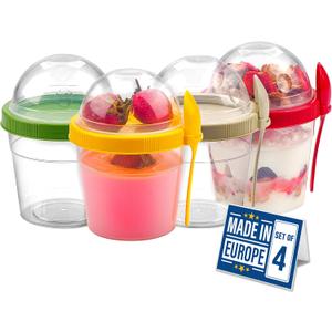 Crystalia 4 Pack 17 oz On The Go Yogurt Parfait Cups with Lids & Spoons - Breakfast Plastic Bowls with Topping -Cereal Oatmeal Salad or Fruit Container for Snack Box