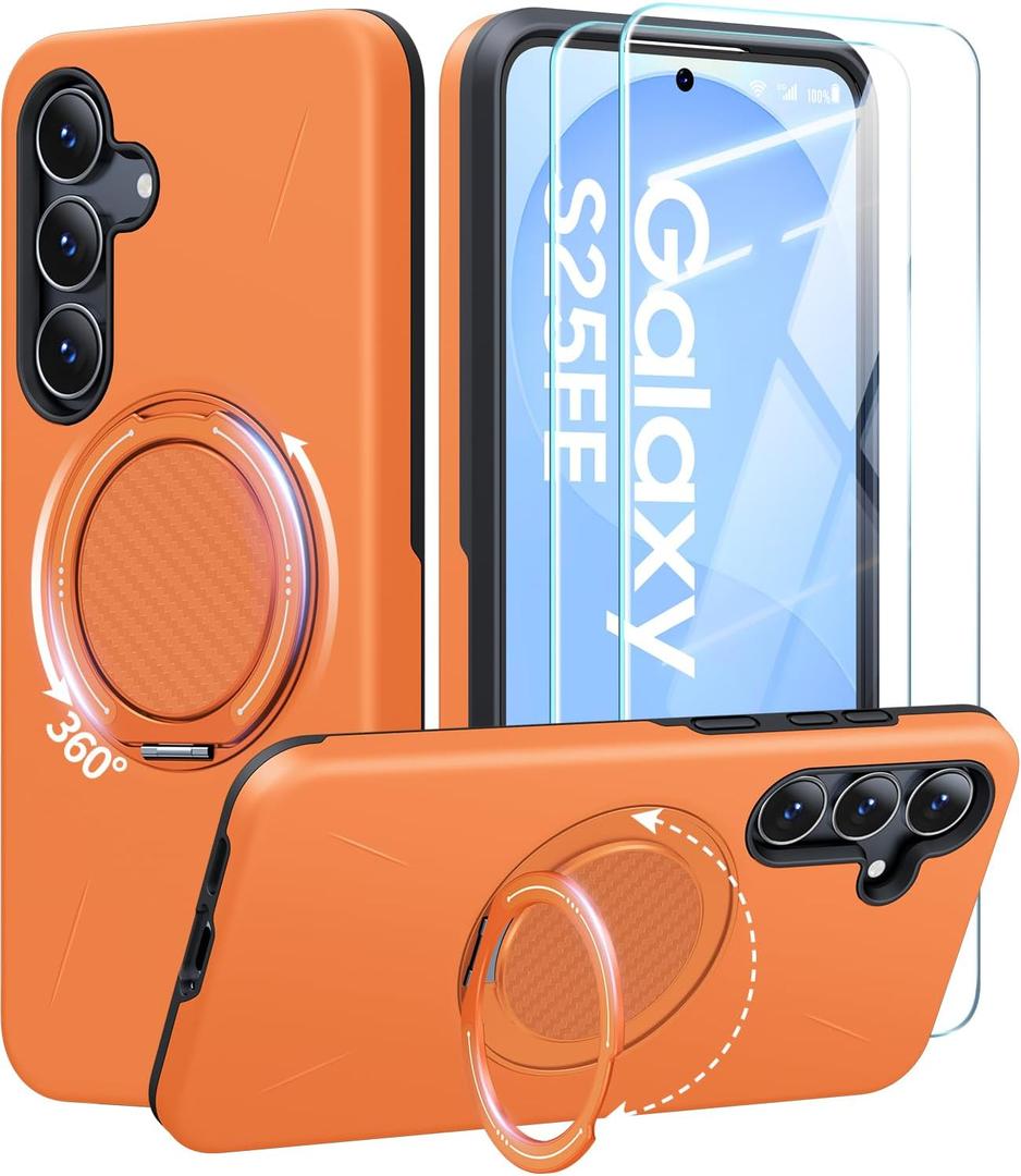 JAME for Samsung Galaxy S25 FE Case, Ring Holder Stand Kickstand, 2 Packs Screen Protector, Dual Layer Shockproof Protective Cover, Magnetic Accessory Friendly Galaxy S25 FE Phone Case, Orange