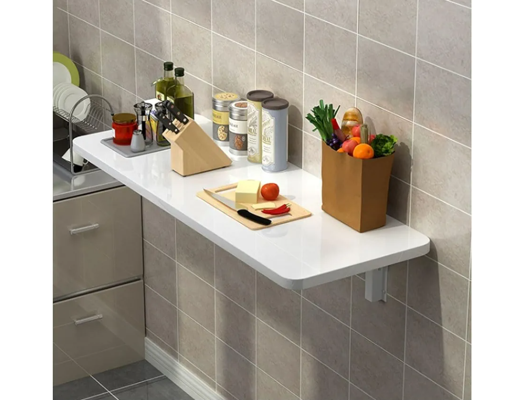 39.3" × 15.7" Wall Mount Folding Table, Fold Down Desk with Heavy Duty Metal Brackets, Supports 120 Lbs and Provide Station for Kitchen, Office, Car Garage, Utility Room, Small Space, White