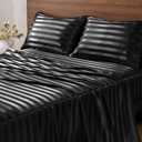 BEDELITE Satin Sheets King Size, Luxury Jacquard Striped Black Bedsheets Set with Elastic Corner Straps, Similar to Silk Sheets Set 4 PC with 1 Deep Pocket Fitted Sheet, 1 Flat Sheet, & 2 Pillowcases