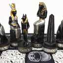 Egyptian Anubis Chess Set Black Silver and Gold Men with 16" Hieroglyphic Board