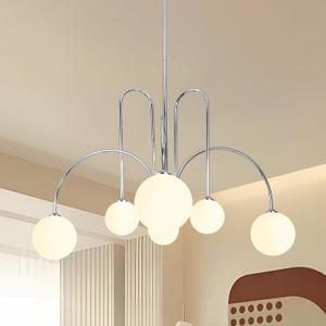 Nickel Sputnik Chandelier, 6 Light Mid Century Modern Chandeliers, Dining Room Chandeliers with Milk Glass Globe Shade, Globe Chandelier for Dining Room, Living Room, Bedroom, Foyer,Kitchen
