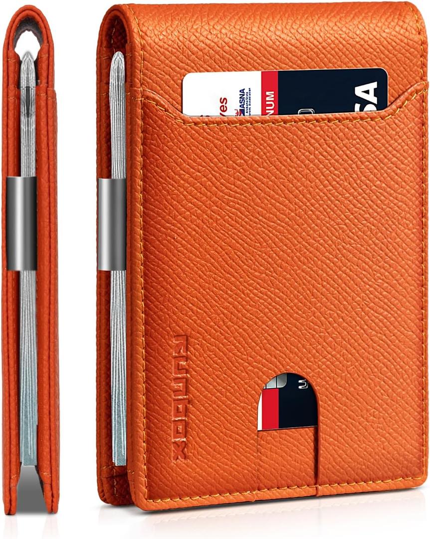 RUNBOX Slim Wallets for Men - Leather Money Clip Mens Wallet - RFID Blocking Front Pocket Bifold Wallet - Thin Credit Card Holder with Gift Box (palm grain orange)