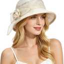 Women Flower Bowler Sun Hat Wide Brim Cloche Bucket Hat Foldable Breathable Wedding Church Tea Party Fascinator (Beige)