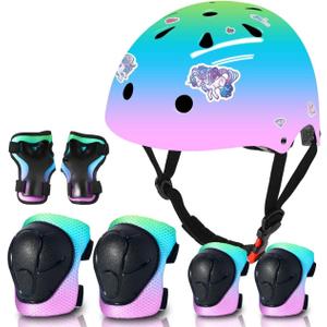 Kids Bike Helmet and Pad Set for Girls Boys Ages 2-3-5-8-14, Adjustable Toddler Youth Helmet with Knee & Elbow Pads for Bicycle, Skating, Scooter - Multiple Bright Color Options (GreenBluePink) S