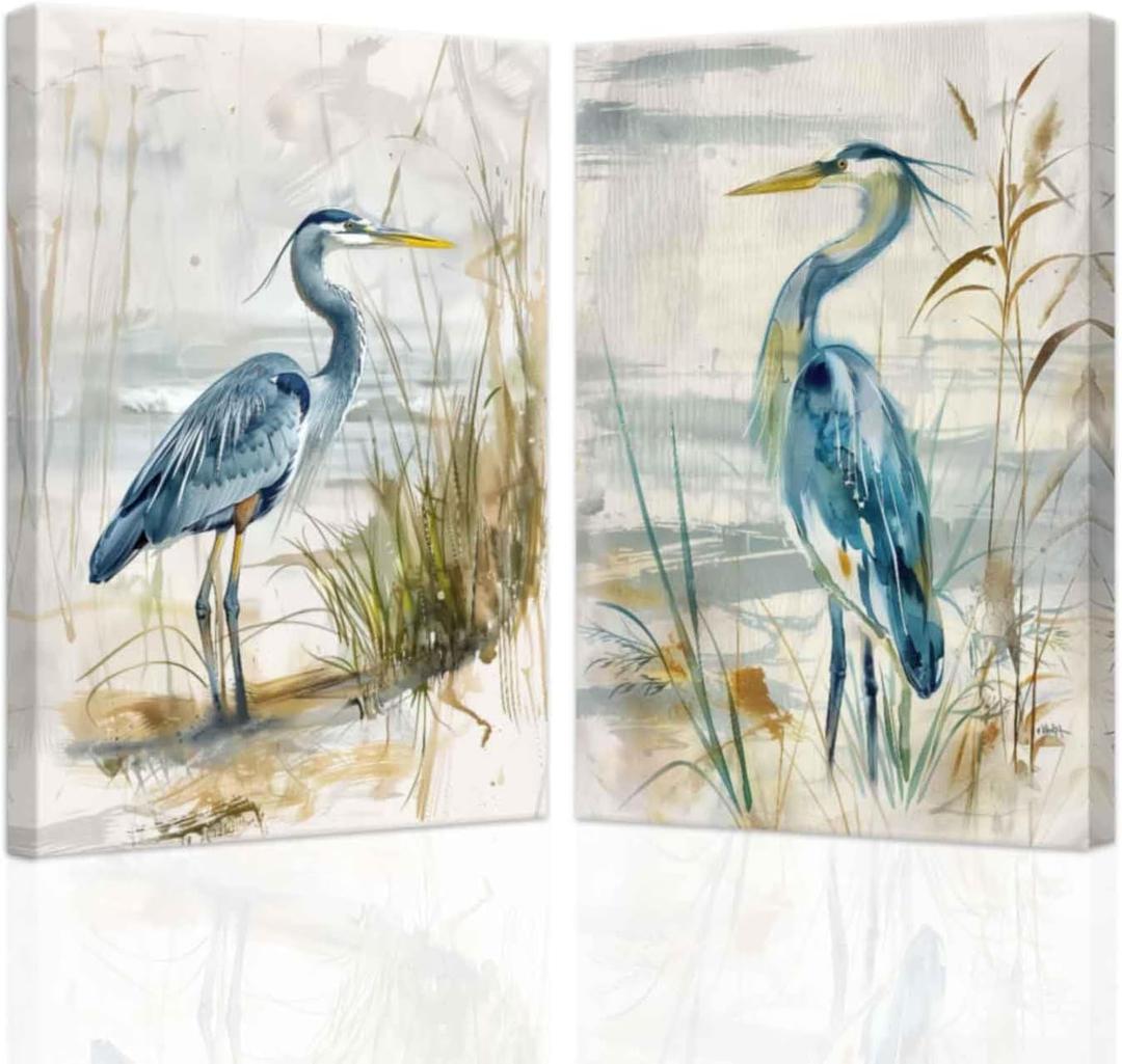 SWQYLB Blue Heron Wall Art Set of 2 Coastal Bird Paintings Beach Animal Pictures Canvas Crane Framed Art Prints Bathroom Living Room Home Decor (Blue, (24"x36"x2 Pieces))