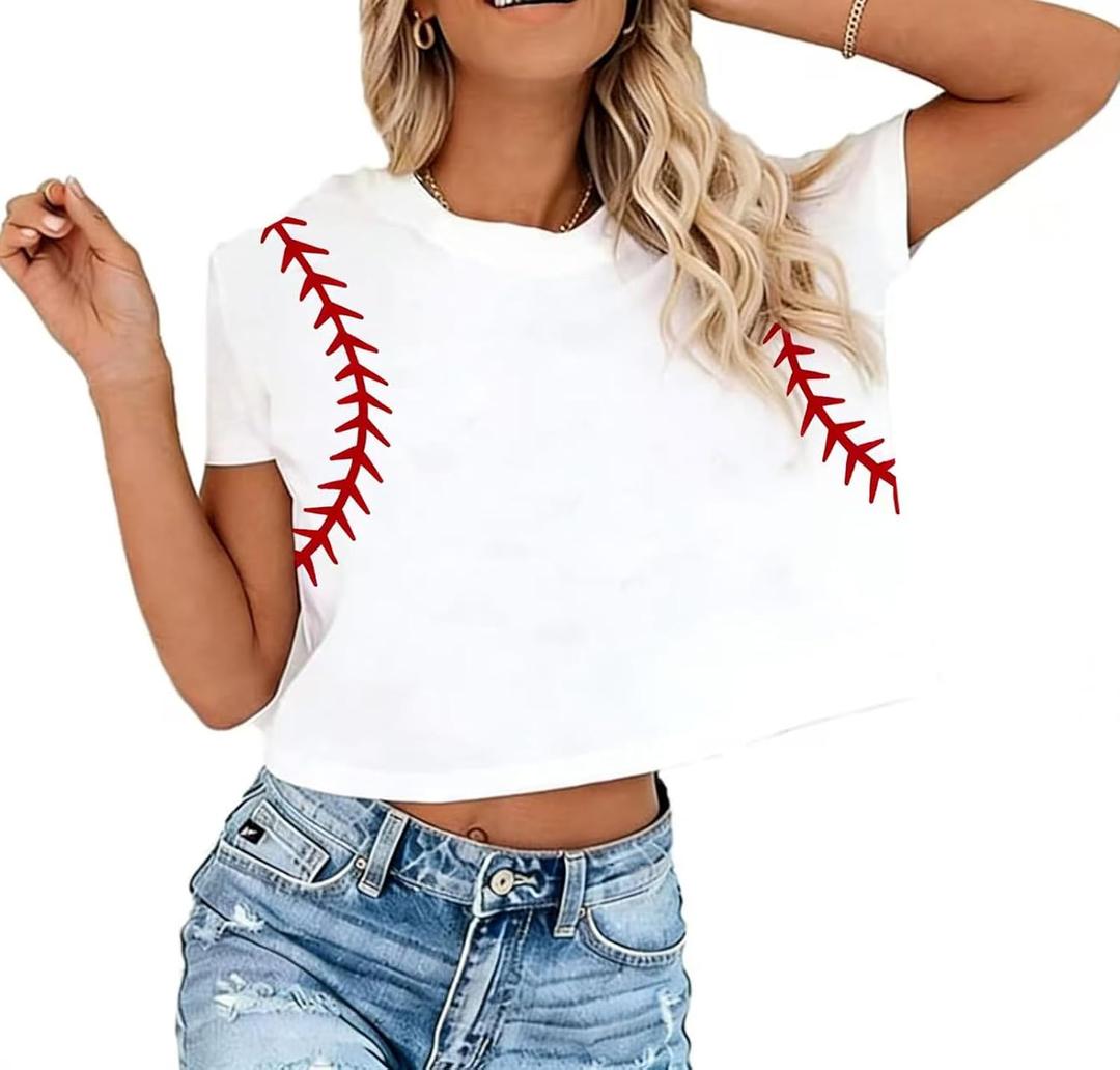 Womens Baseball Crop Tops Cute Game Day T-Shirts Beach Vacation Shirt Casual Summer Short Sleeve Workout Tops (White, L)