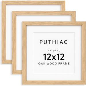 puthiac 12x12 Solid Oak Wood Picture Frame, Fits 8x8 with Mat or 12x12 Without Mat, Wall Display Only, Plexi Front, 3 Pack, Natural Oak