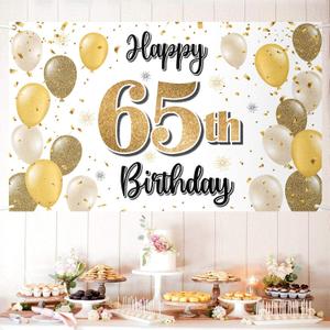 Happy 65th Birthday Decorations,65th Gold Balloon Large Birthday Banner Backdrop Sign - Cheers to 65 Years Old Bday Party Supplies.