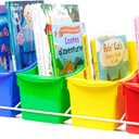 Storex Large Book Bins, Set of 5, Metal Shelf Rack Included, Assorted Colors (71125U01C)
