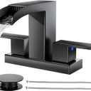 Cobbe Waterfall Bathroom Faucets 3 Hole, Matte Black Bathroom Sink Faucet Square 4 Inch Center set with Pop-Up Drain, 2 Handle and 2 Supply Hoses, Lead-Free Stainless Steel for Vanity Sink Rv