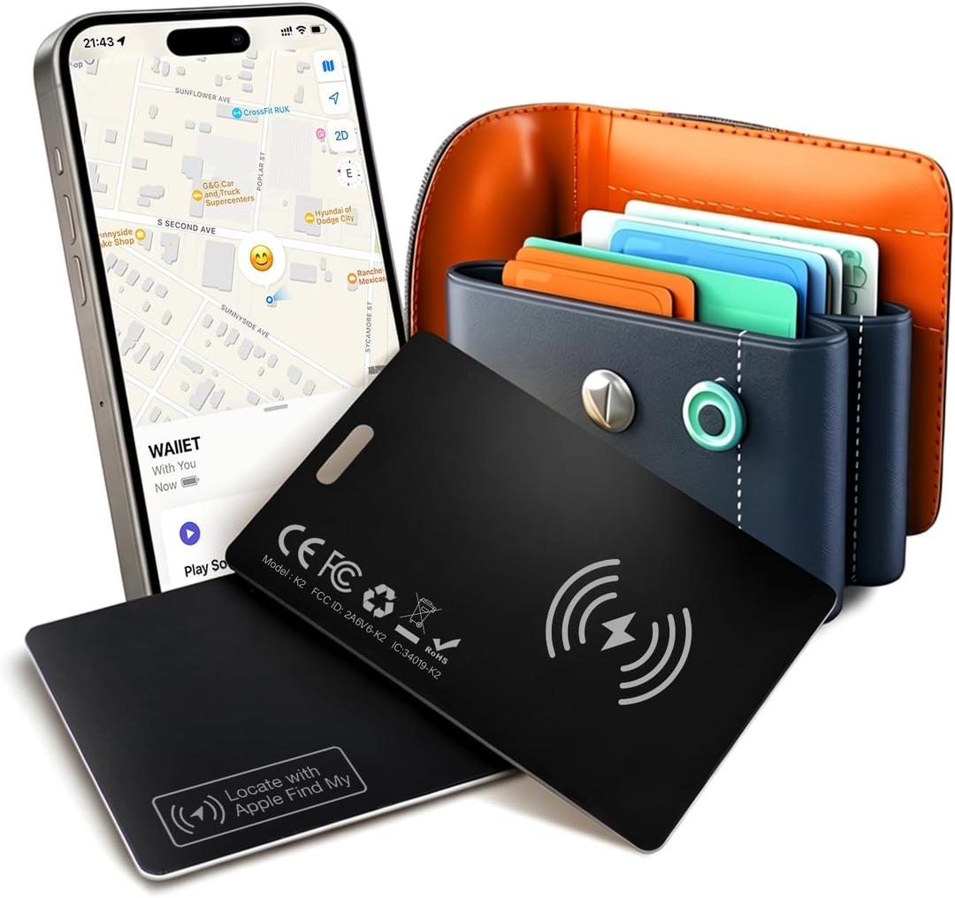 Ultra-Thin Wallet Tracker Card 0.07in 1 Pack Apple MFi Certified - Credit Card Size Tracker Tag Works with Apple Find My IP68 Waterproof Rechargeable Item Locator for Keys, Bags, Passport (iOS Only)