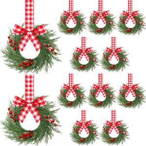 12 Pcs 9'' Small Christmas Kitchen Cabinet Wreaths with Plaid Bow Ribbon Mini Hanging Christmas Wreath Artificial Greenery Wreath for Front Door Porch Wall Window(Red White Buffalo Plaid)