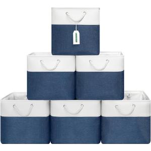 13x13 Inch Cube Storage Bins with Reinforced Bottom Cardboard, 6 Pack Large Collapsible Fabric Storage Cubes with Handles for Shelf, Closet, Toy, Laundry Organization (White&Navy Blue)
