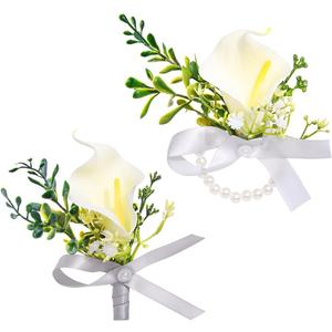 Formery Corsage Boutonniere Set White Calla Lily Corsages Wristlet Pearl Wrist Flower Accessories for Prom Wedding, White 