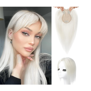 Flufymooz 100% Real Human Hair Toppers for Women, 10 Inch Clip in Human Hair Topper for Thinning Hair, 360°3D Cover Clip in Bangs Natural Hairpiece With 4.5'' x 3'' Silk BaseSilver White