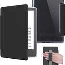 Case with Hand Strap for 6.8" Kindle Paperwhite 11th Generation 2021 and Kindle Paperwhite Signature Edition, PU Leather Cover, Transparent Hard Back Shell with Auto Sleep/Wake, Noble Black