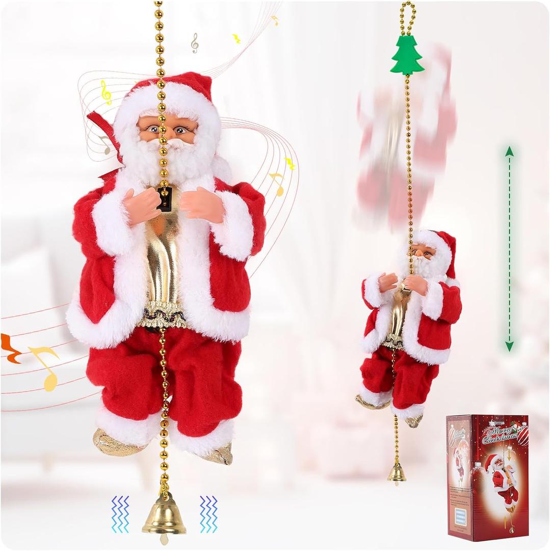 Electric Climbing Santa Claus with 3 Modes (Silent/Musical/Pause) Animated Up-Down Rope Climbing Movement for Christmas Indoor Decorations