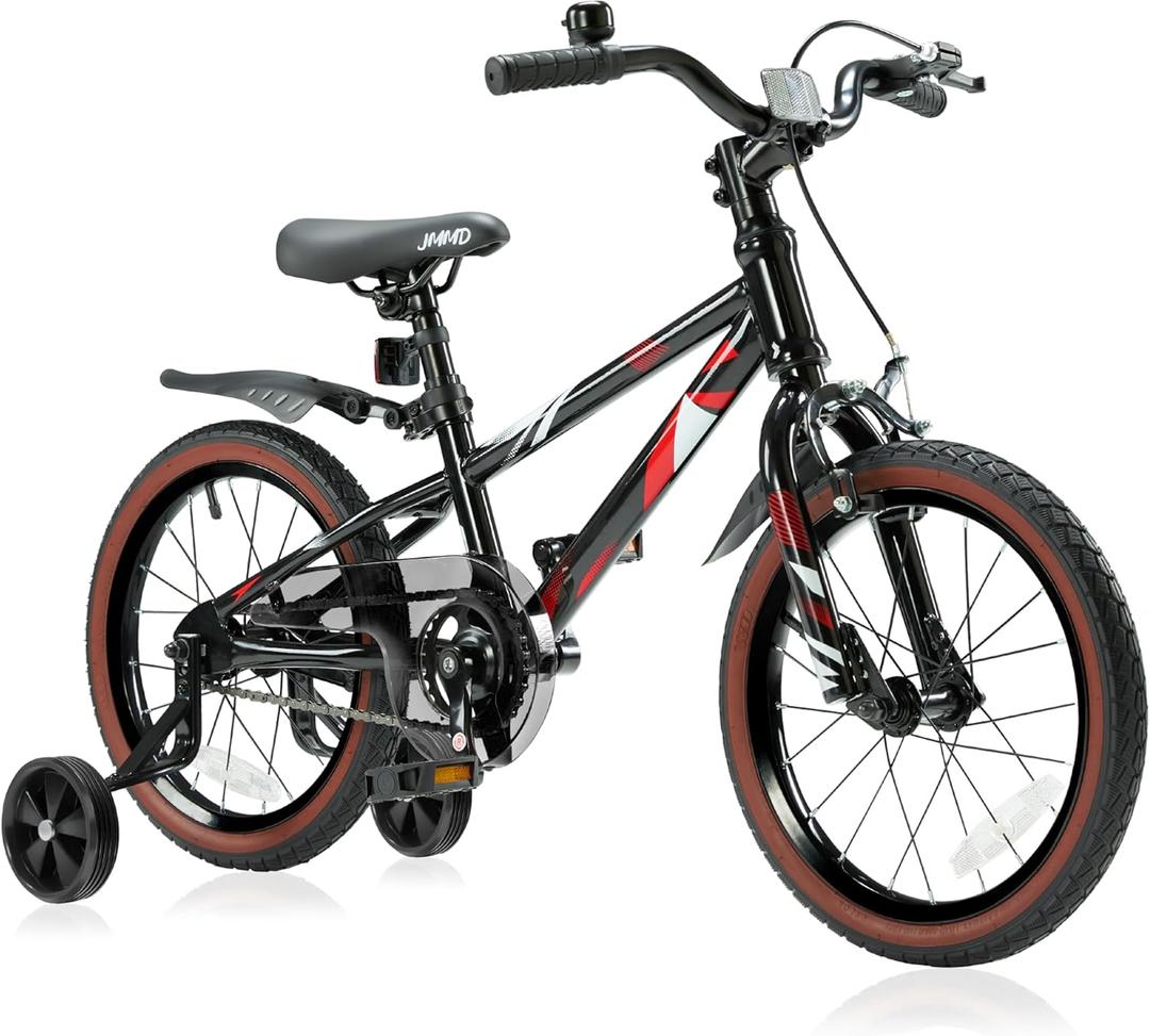 JMMD Kids Bike for Ages 4-12 Years Old Boys Girls, 14 16 18 Inch Kids Bike with Training Wheels & Kickstand, Kids Bicycle for Toddlers and Kids with Handbrake (blackred)