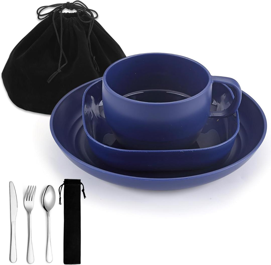 Camping Utensils Set, ReaNea Camping Plates and Bowls Set with Coffee Mug, Travel Cutlery Set Include Spoon, Fork, Knife for Home, Poolside, Outdoor, Picnic, Camp (4. Dark Blue)