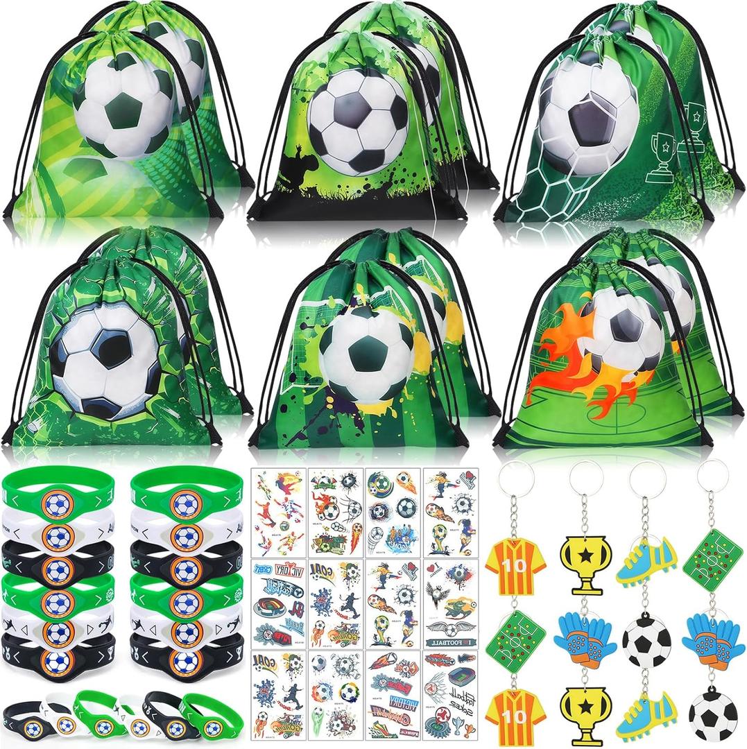 Winrayk 12 Sets Soccer Party Favors Sports Birthday Supplies, Drawstring Bag Silicone Bracelet Keychain Tattoo Sticker, Goodie Stuffer Pinata Filler Teen Kids Boys Soccer Birthday Party Decorations