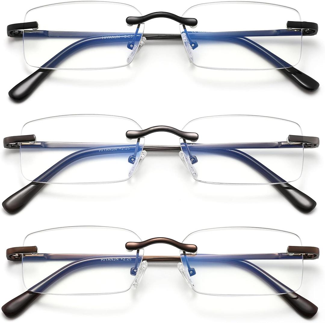 HIYANJN Frameless Reading Glasses Blue Light Blocking Rimless Computer Reader For men Lightweight Eyeglasses (3-Pack, +2.25)