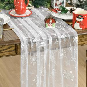 Artoid Mode Silver Snowflakes Christmas Gauze Table Runner 120 Inch 10FT, Seasonal Stars SheerWinter Kitchen Dining Holiday Wedding Table Decor for Home Party (28" x 120")