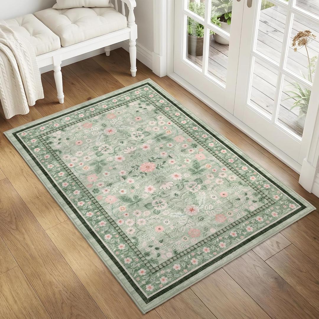 GarveeHome 2x3 Rugs for Entryway Washable Green Rugs Soft Non Slip Backing Indoor Door Mat Stain Resistant Low-Pile Throw Carpet for Bathroom Bedroom