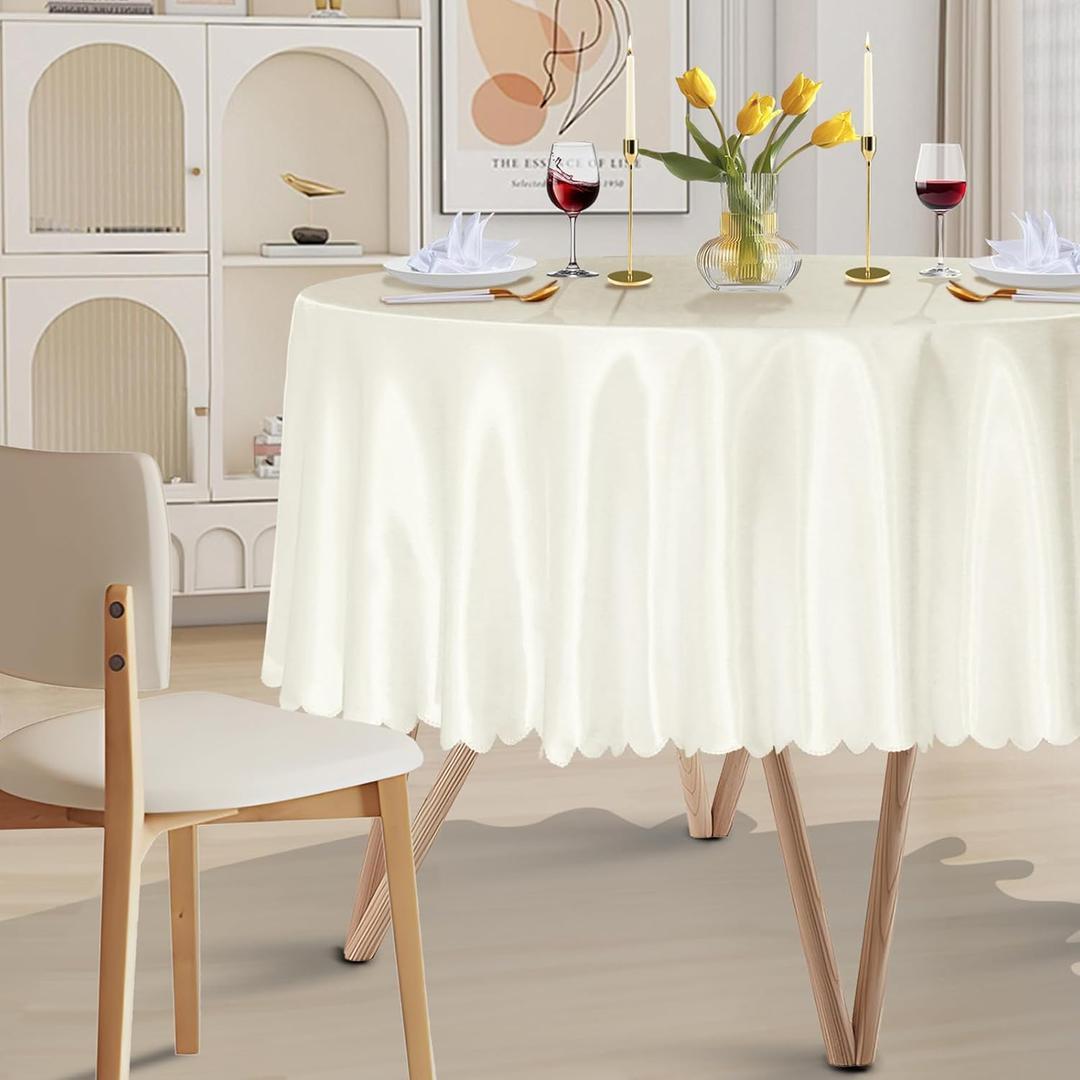 1 Pack 90 Inch Round Satin Tablecloth Ivory Satin Table Cover, Overlay Silky Tablecloth Dining Table Cloths for Wedding, Party, Banquet, Events, Reception, Dinner