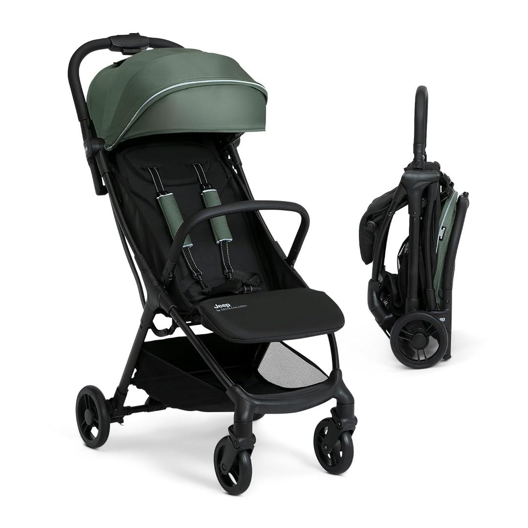 Jeep Altitude Compact Travel Stroller by Delta Children Greenguard Gold, Easy One Hand Fold, Lightweight, Extendable Canopy with Peek-a-Boo Window, Reclining Seat, 4 Wheel Suspension, Olive Green