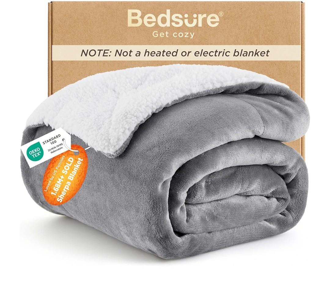 Bedsure GentleSoft Sherpa Fleece Throw Blanket for Couch, Non-Heated, Thick & Warm Christmas Cozy Blanket for Winter, Soft Fuzzy Plush Throw Gifts for Women and Men, Grey, 50x60 Inches