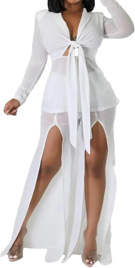 HugeNice Women's Sexy 2 Piece Outfits Clubwear Mesh See Through Tie Front Crop Tops Slit Wide Leg Pants Set (White)